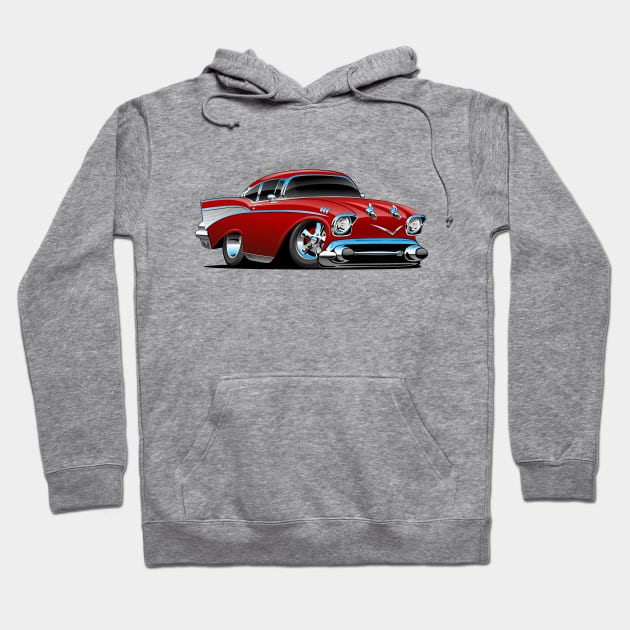 Classic hot rod 57 muscle car, low profile, big tires and rims, candy apple red cartoon Hoodie by hobrath